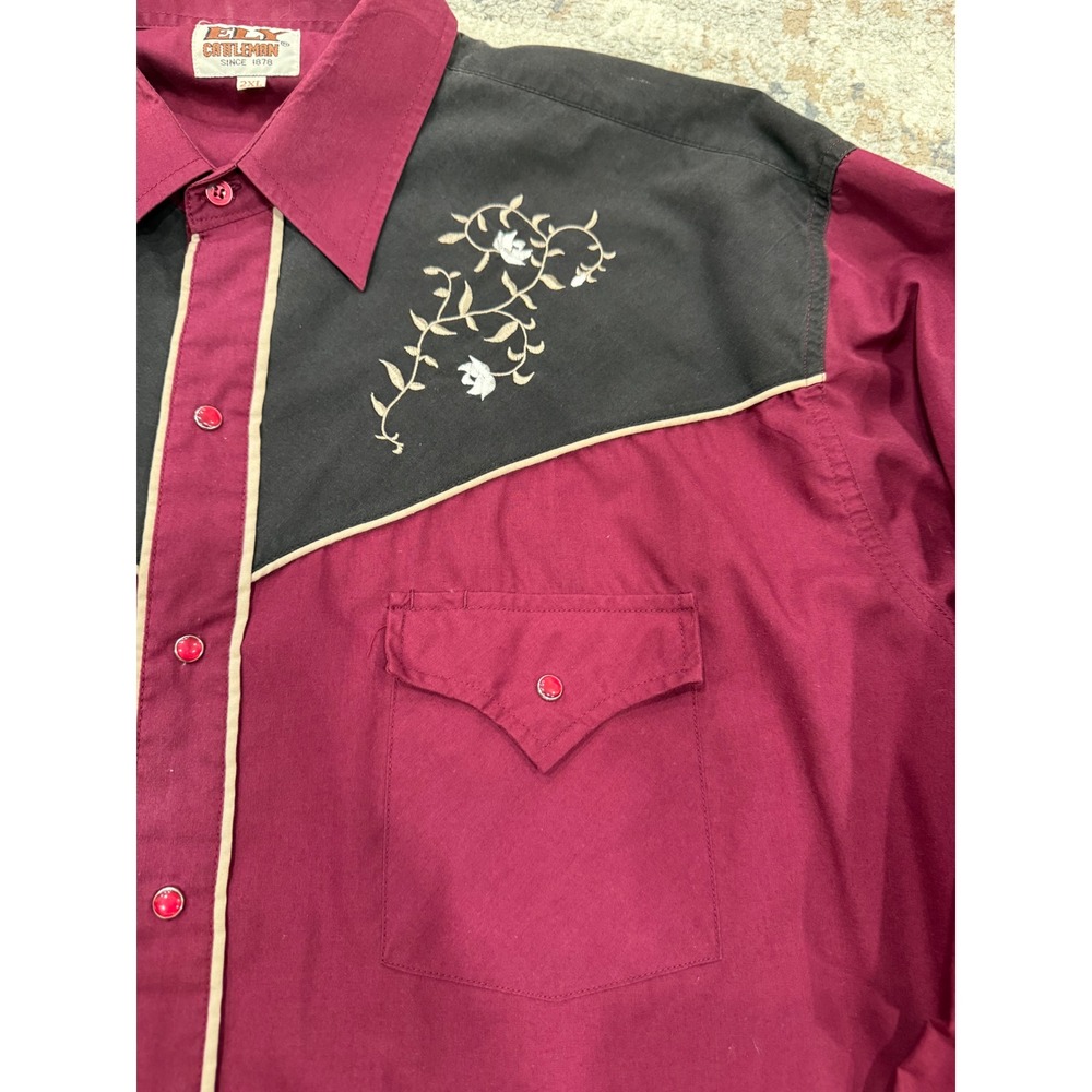 Ely Cattleman Mens 2XL Western Snap Shirt Burgundy Black Floral Embroidered - Picture 3 of 8